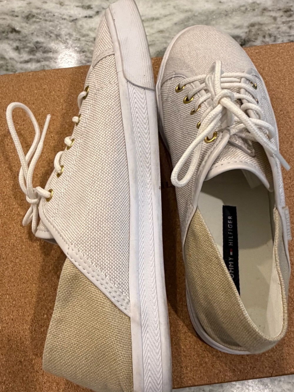 Tommy Hilfiger Cream Canvas Lace-Up Women’s Sneakers with Gold Eyelets